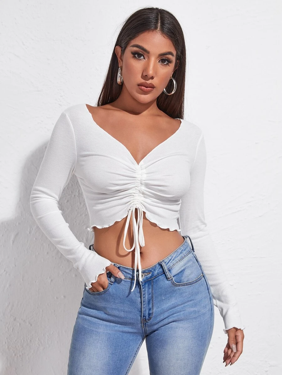 SHEIN Essnce Camiseta unicolor con fruncido delantero con cordón ribete en forma de lechuga - Blanco - Ver 1