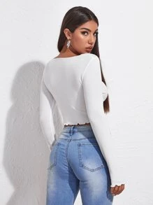 SHEIN Essnce Camiseta unicolor con fruncido delantero con cordón ribete en forma de lechuga - Blanco - Ver 2