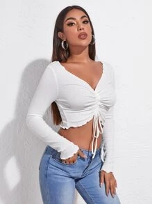 SHEIN Essnce Camiseta unicolor con fruncido delantero con cordón ribete en forma de lechuga - Blanco - Ver 3