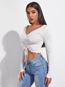 SHEIN Essnce Camiseta unicolor con fruncido delantero con cordón ribete en forma de lechuga - Blanco - Ver 4