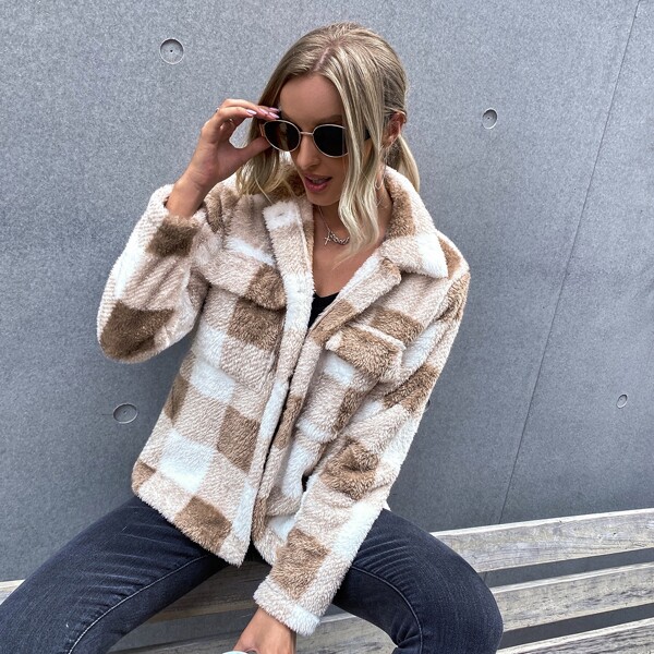 

Flap Pocket Button Front Gingham Teddy Jacket, Multicolor