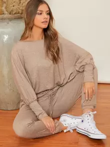 SHEIN LUNE Bộ thời trang Thắt nút màu trơn Giải trí - Màu be - Xem 5