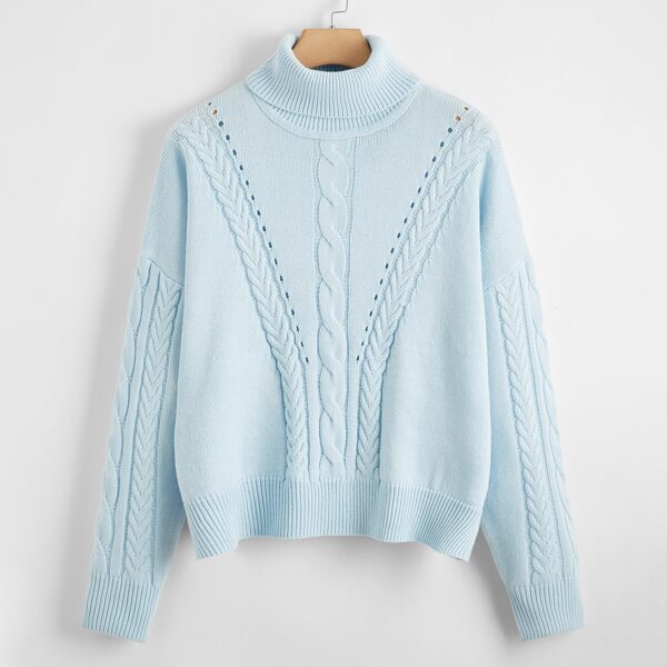 

Plus Rolled Neck Cutout Detail Cable Knit Sweater, Baby blue