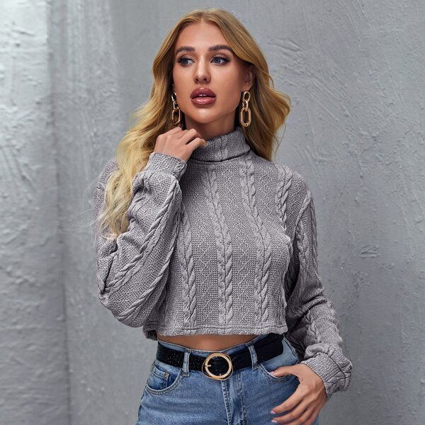 

Turtle Neck Cable Knit Tee, Grey