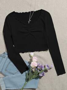 SHEIN EZwear 生菜邊前抽褶上衣 - 黑色 - 查看 1