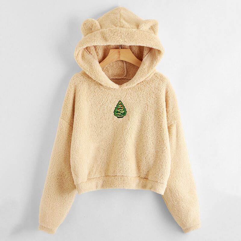 

3D Ears Christmas Tree Teddy Hoodie, Khaki