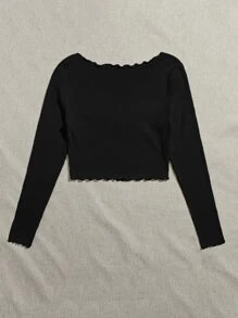 SHEIN EZwear 生菜邊前抽褶上衣 - 黑色 - 查看 2