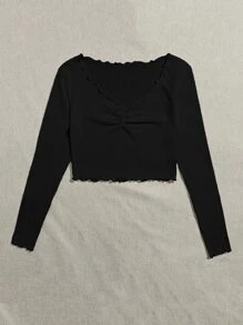 SHEIN EZwear 生菜邊前抽褶上衣 - 黑色 - 查看 5