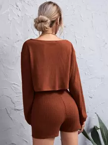 SHEIN Essnce Drop Shoulder Rib-knit Crop Top & Wide Waistband Shorts Set - Rust Brown - View 2