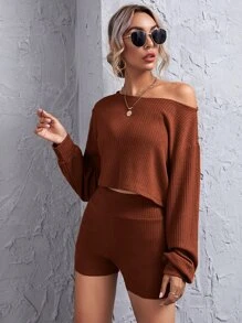 SHEIN Essnce Drop Shoulder Rib-knit Crop Top & Wide Waistband Shorts Set - Rust Brown - View 5