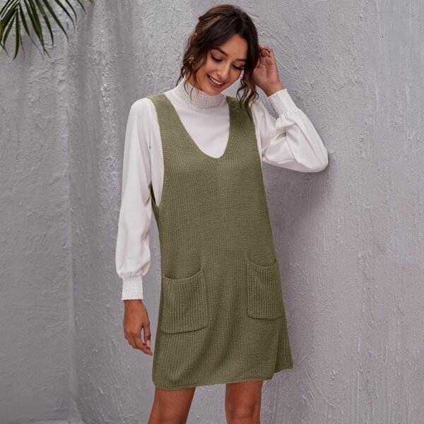 

V-neck Patch Pocket Ribbed Knit Sweater Dress Without Blouse, Army green