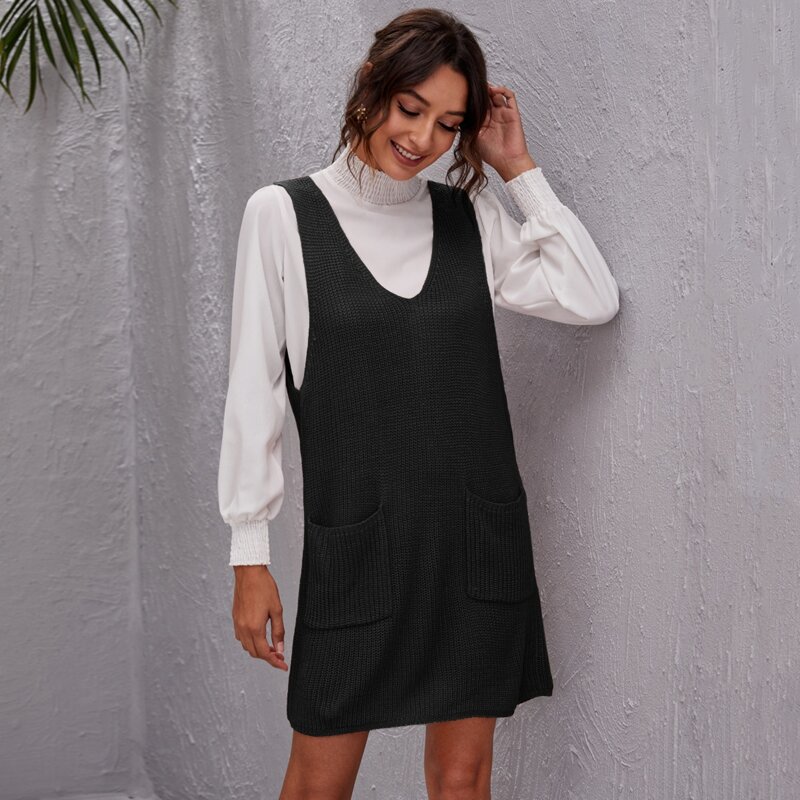 

V-neck Patch Pocket Ribbed Knit Sweater Dress Without Blouse, Black