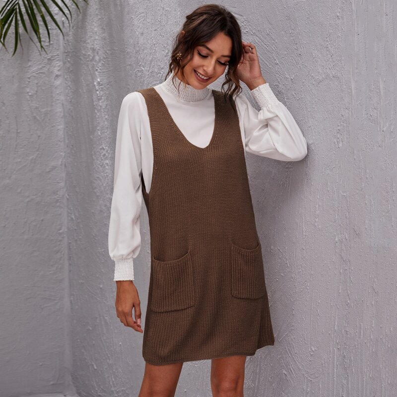 

V-neck Patch Pocket Ribbed Knit Sweater Dress Without Blouse, Coffee brown