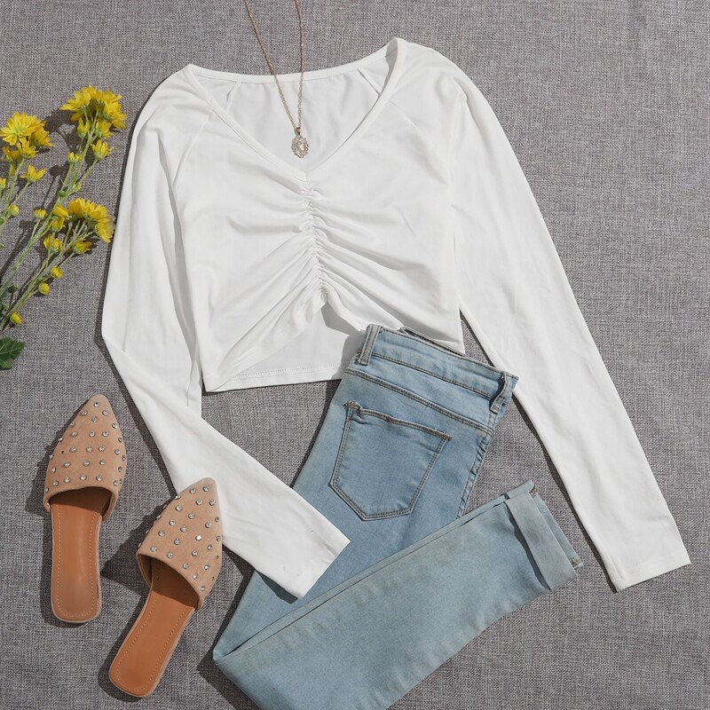 

Solid V Neck Crop Tee, White
