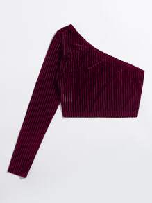 Muchica One Shoulder Ribbed Velvet Top - Burgundy - View 2