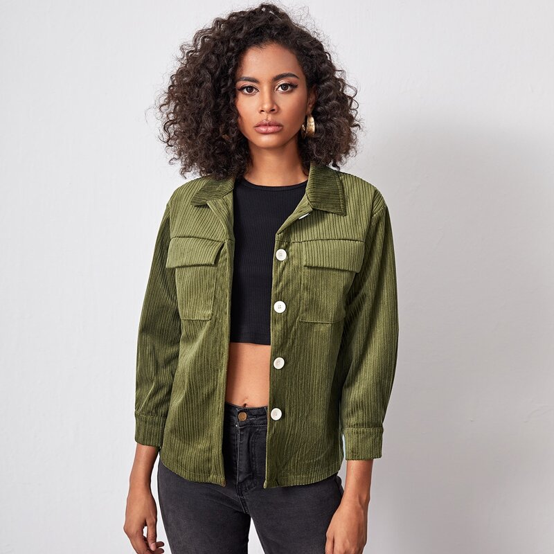 

Flap Pocket Button Front Cord Jacket, Olive green