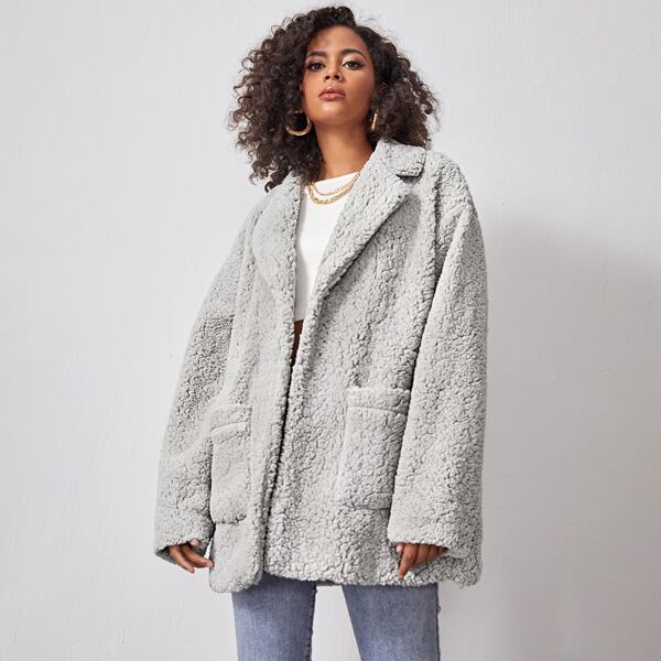 

Patch Pocket Drop Shoulder Teddy Coat, Light grey