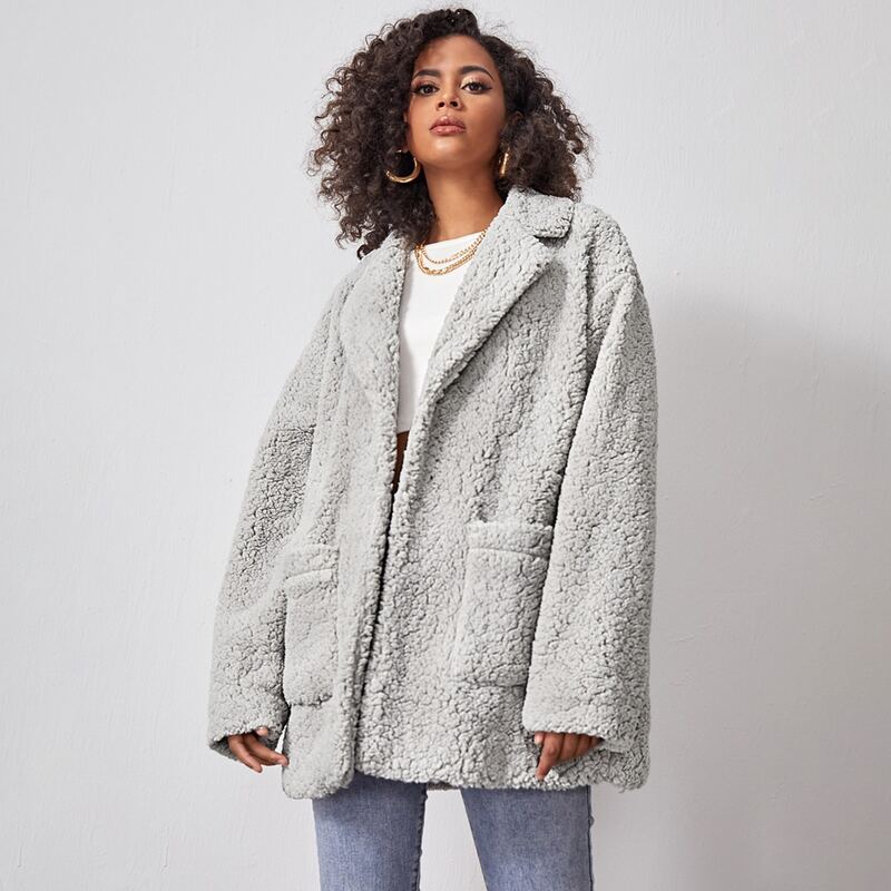 

Patch Pocket Drop Shoulder Teddy Coat, Light grey