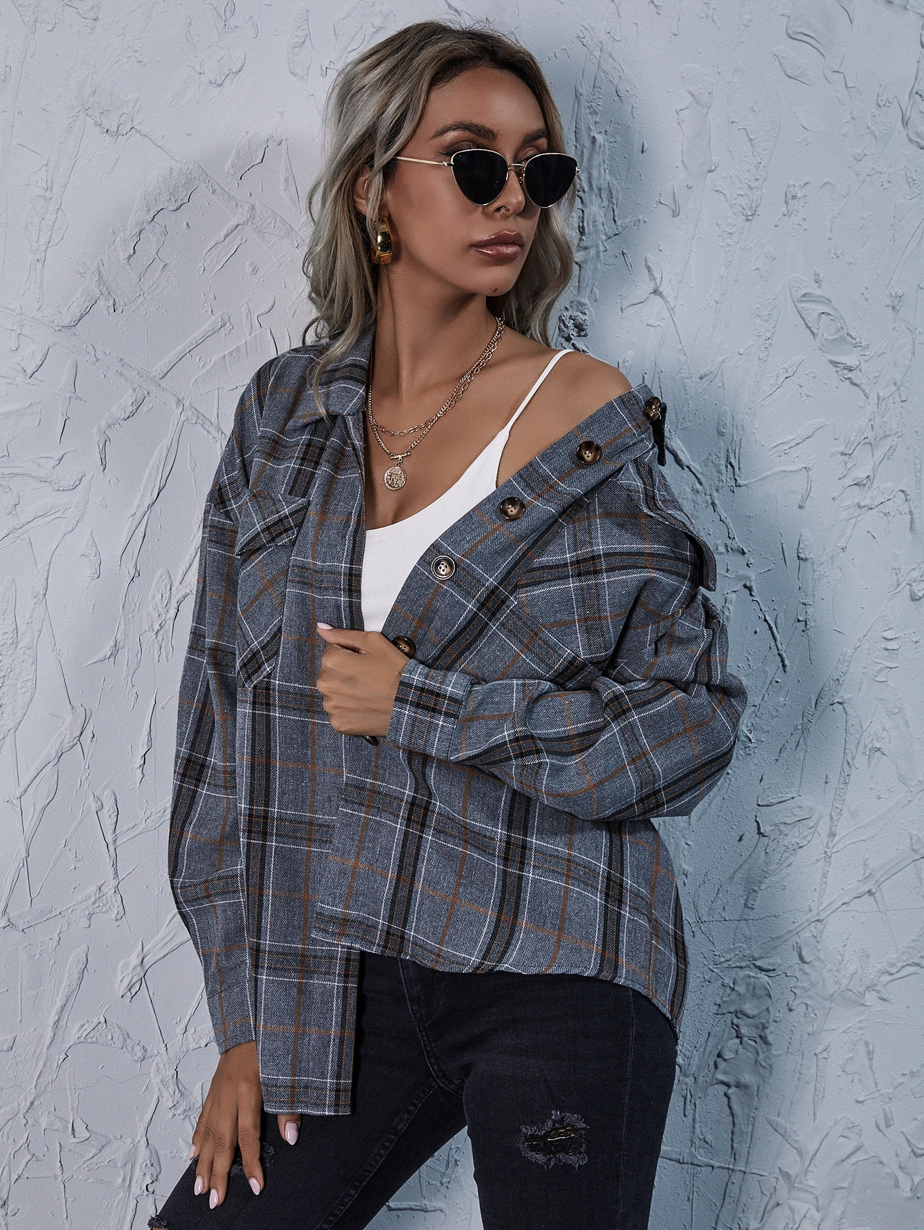 Drop Shoulder Plaid Blouse thumbnail