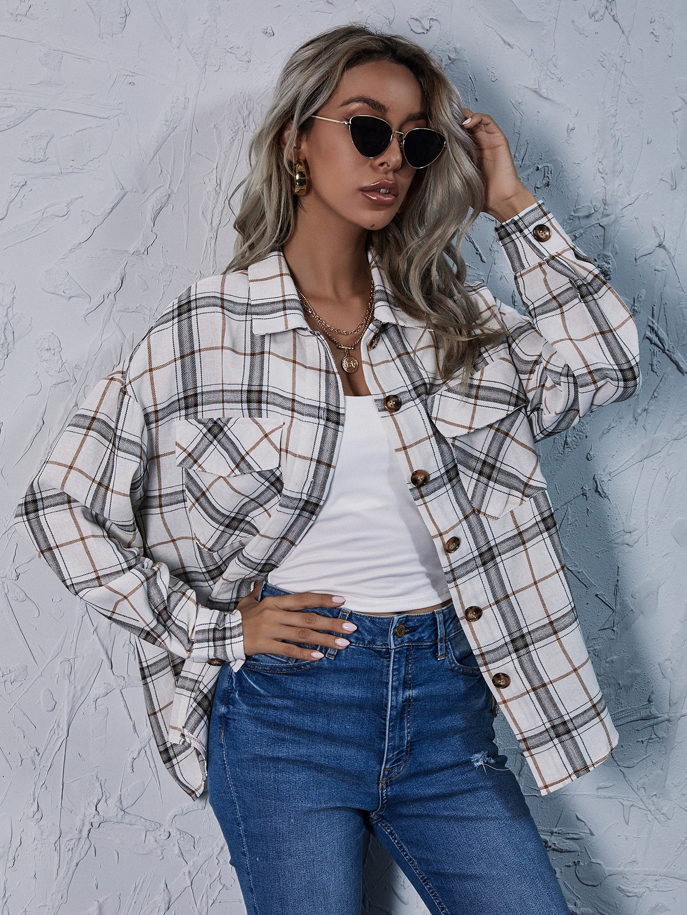 Drop Shoulder Plaid Blouse thumbnail