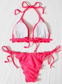 Conjunto de bikini de triángulo con ribete de volantes y laterales atados con lazo para playa de verano - Rosa Fucsia - Ver 2