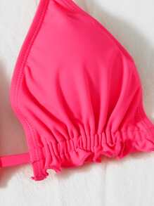Conjunto de bikini de triángulo con ribete de volantes y laterales atados con lazo para playa de verano - Rosa Fucsia - Ver 4