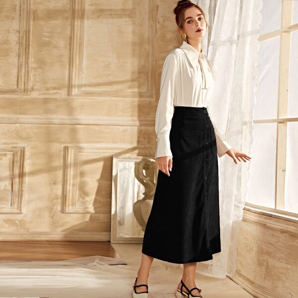 

Corduroy Button Front Dual Pocket Skirt, Black