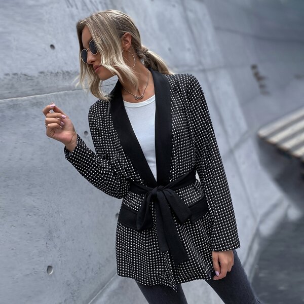 

Open Front Belted Allover Blazer, Black