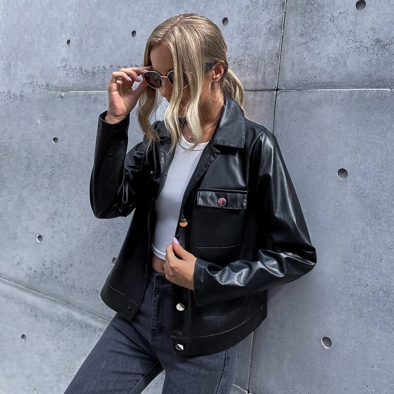 

Button Front Flap Pocket PU Leather Jacket, Black