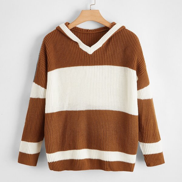 

Plus Color-block Drop Shoulder Hooded Sweater, Multicolor