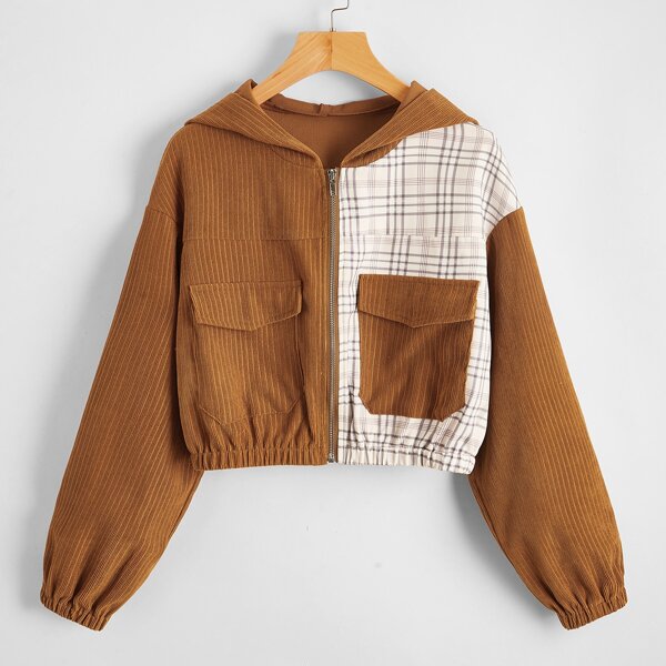 

Flap Pocket Contrast Plaid Hooded Corduroy Jacket, Multicolor