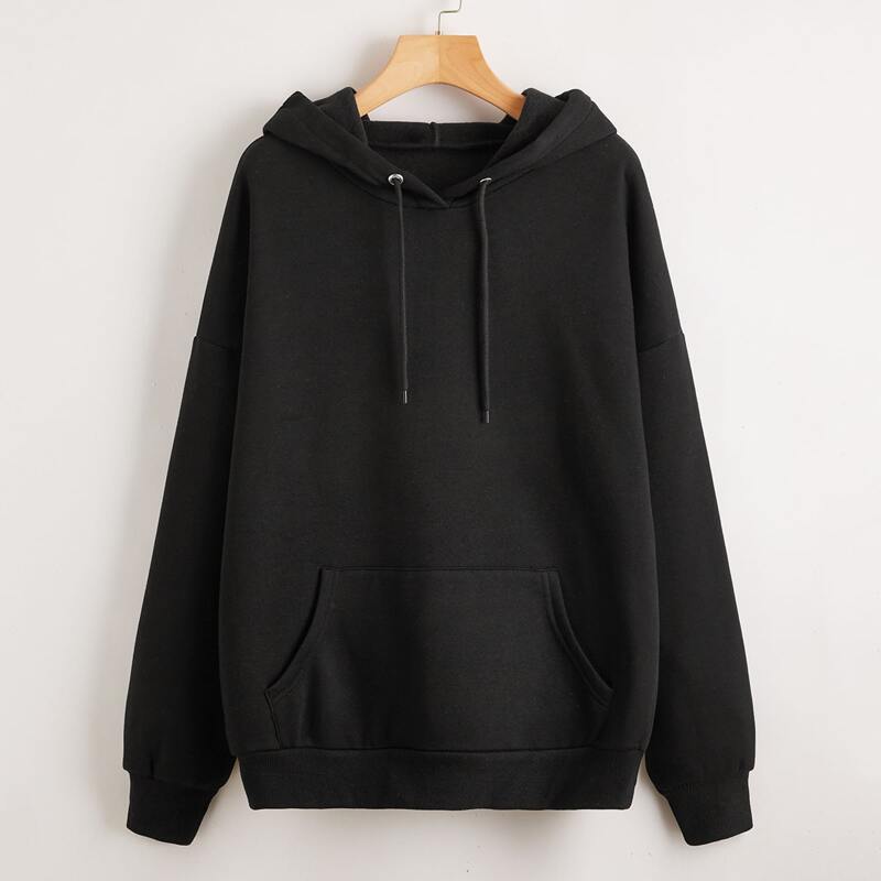 

Solid Kangaroo Pocket Drawstring Hoodie, Black
