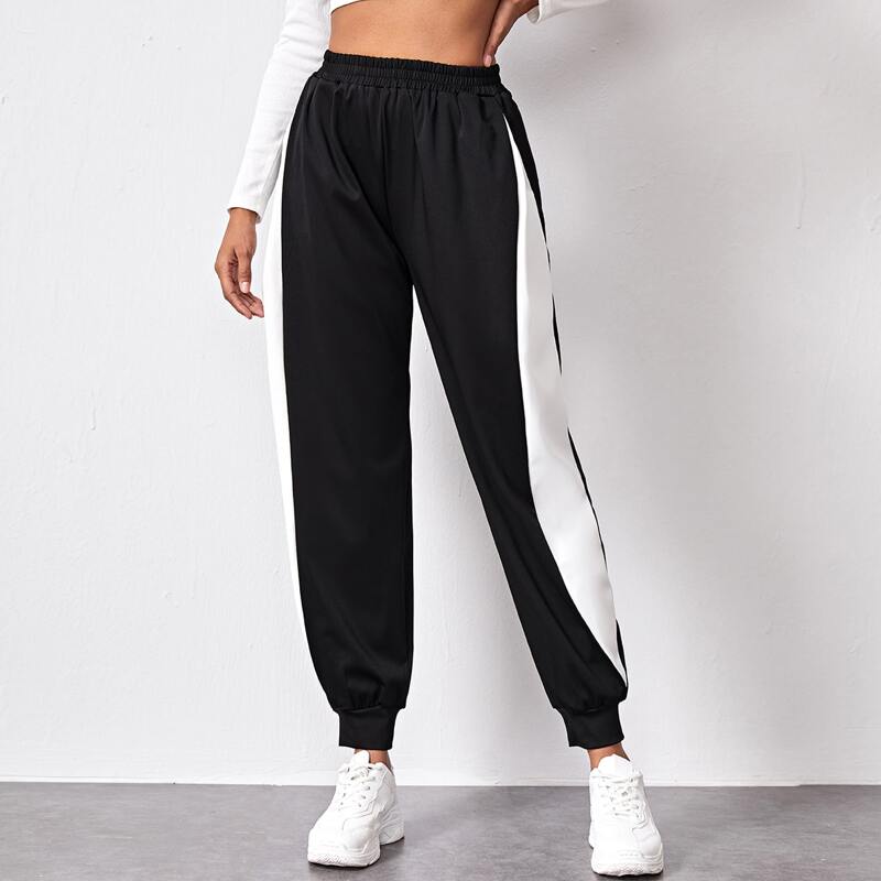 

Two Tone Elastic Waist Sweatpants, Black