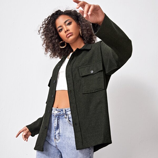 

Drop Shoulder Buttoned Coat, Dark green