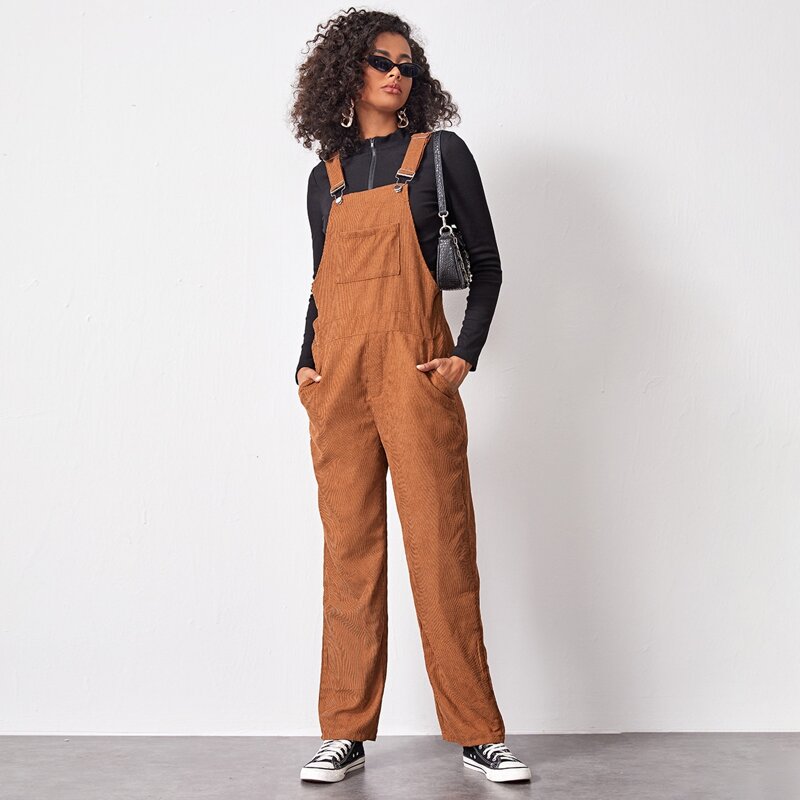 

Kangaroo Pocket Solid Overall Jumpsuit, Brown