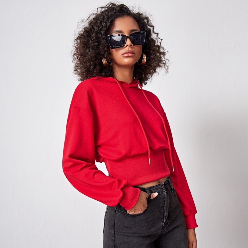 

Drop Shoulder Crop Drawstring Hoodie, Red bright