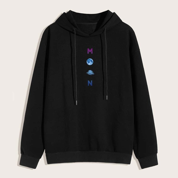 

Men Letter And Planet Print Drawstring Hoodie, Black