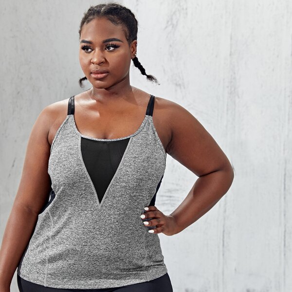 

Plus Contrast Panel Criss Cross Back Sports Top, Grey