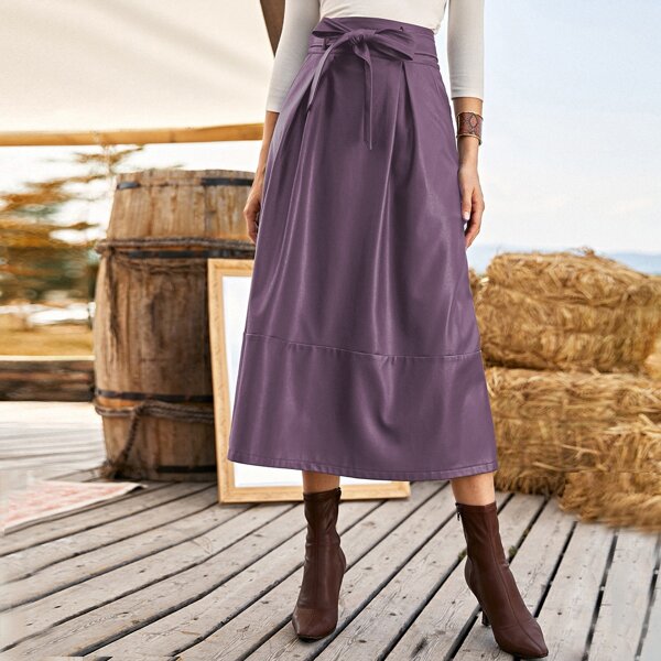 

Solid Belted PU Leather Skirt, Purple