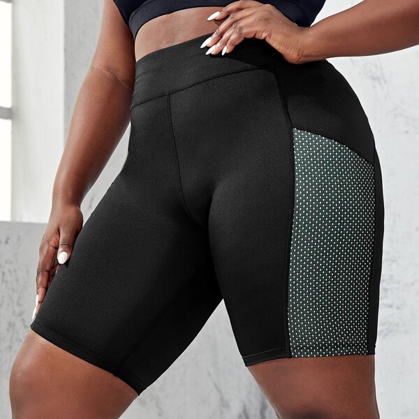

Plus Contrast Panel Eyelets Sports Biker Shorts, Black