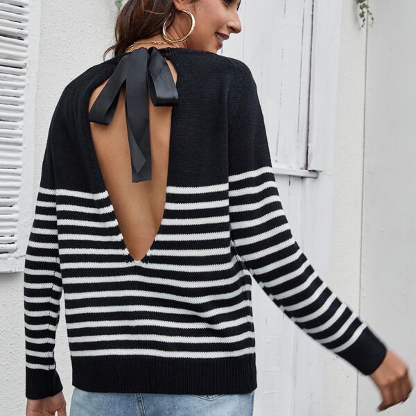

Tie Back Drop Shoulder Striped Sweater, Black