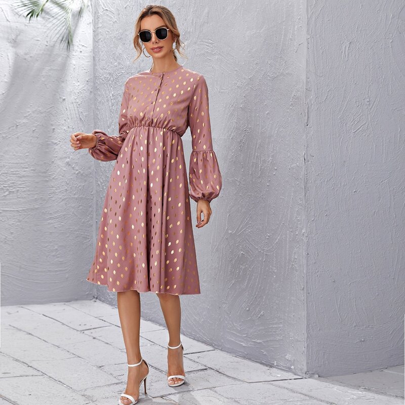 

Lantern Sleeve Gold Print Button Front Dress, Dusty pink