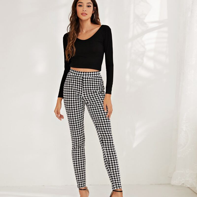 

Houndstooth Print High Waist Leggings, Black and white