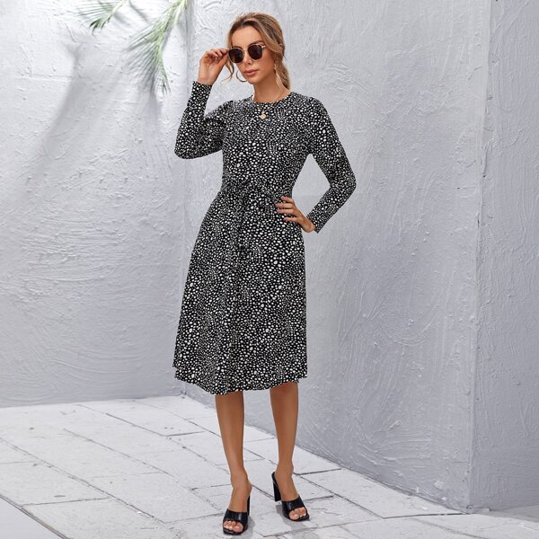 

Gigot Sleeve Belted Dalmatian Dress, Black