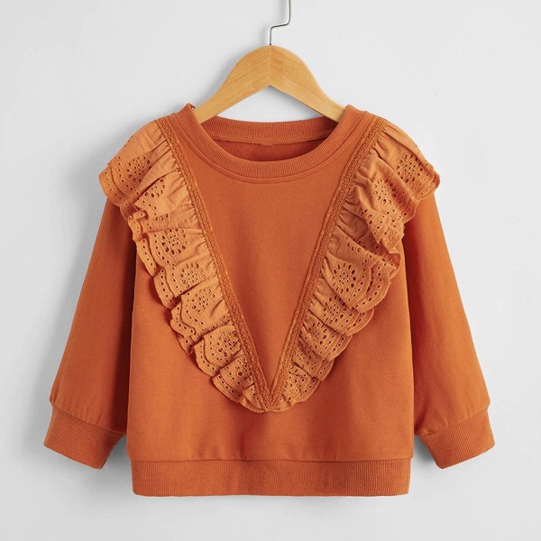 

Toddler Girls Eyelet Embroidery Ruffle Solid Sweatshirt, Burnt orange
