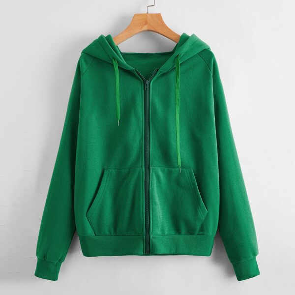 

Solid Zip-Up Drawstring Hoodie, Green