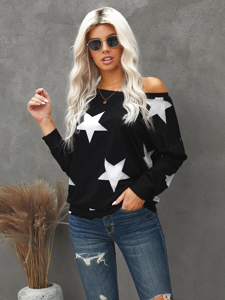 Star Print Asymmetrical Neck Sweatshirt - Black - View 1