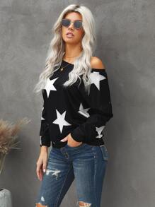 Star Print Asymmetrical Neck Sweatshirt - Black - View 3