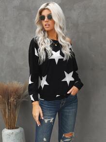Star Print Asymmetrical Neck Sweatshirt - Black - View 4