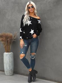 Star Print Asymmetrical Neck Sweatshirt - Black - View 5